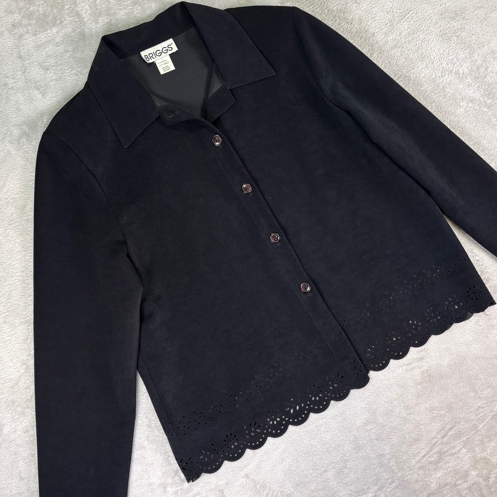 Vintage Briggs Women's Black Long Sleeve Button Front Eyelet Hem Top Size L Chic